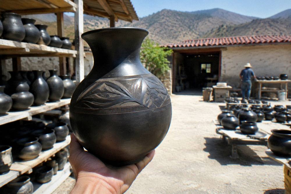 A finished black clay vase held up in daylight outside a workshop doorway