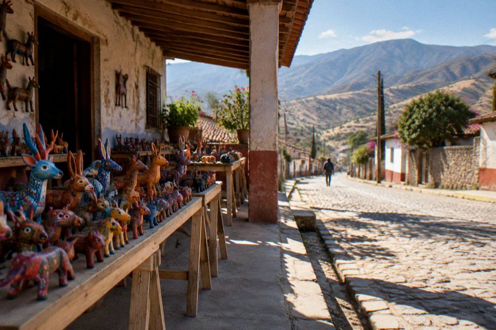 A village street in a highland valley town with mountains behind under an afternoon sky
