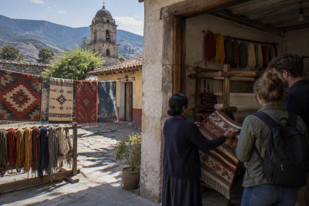 A guide showing a woven textile to two visitors in a workshop doorway