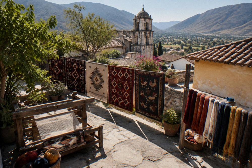The Oaxaca valley at late afternoon with hills on both sides and a village below