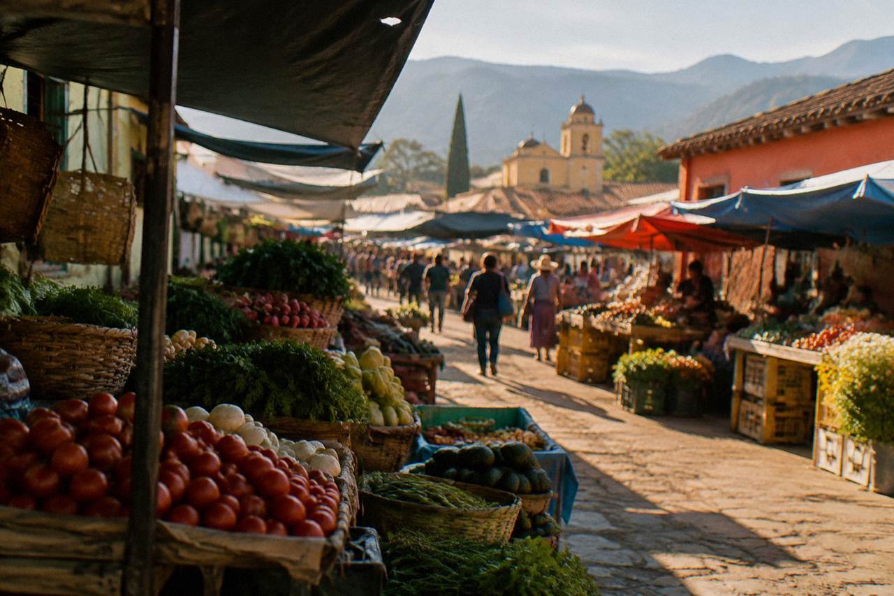 A busy open-air market street in a Mexican valley town with tarps, produce stalls and shoppers