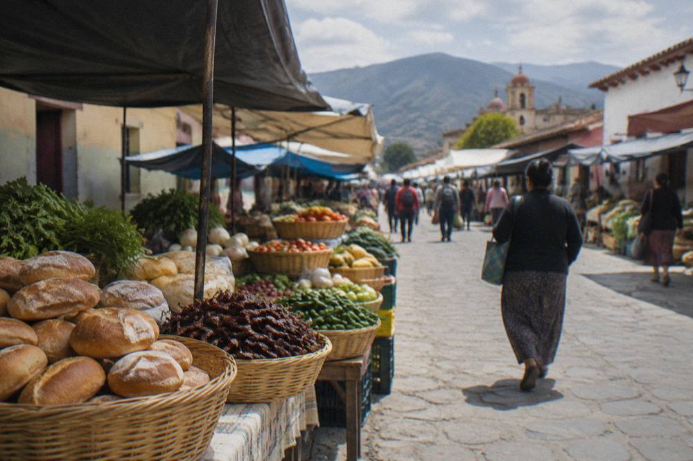 Baskets of bread, chiles and produce stacked on a market table