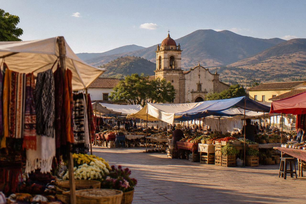View over the town of Zaachila with its church tower and surrounding hills in the Valles Centrales of Oaxaca