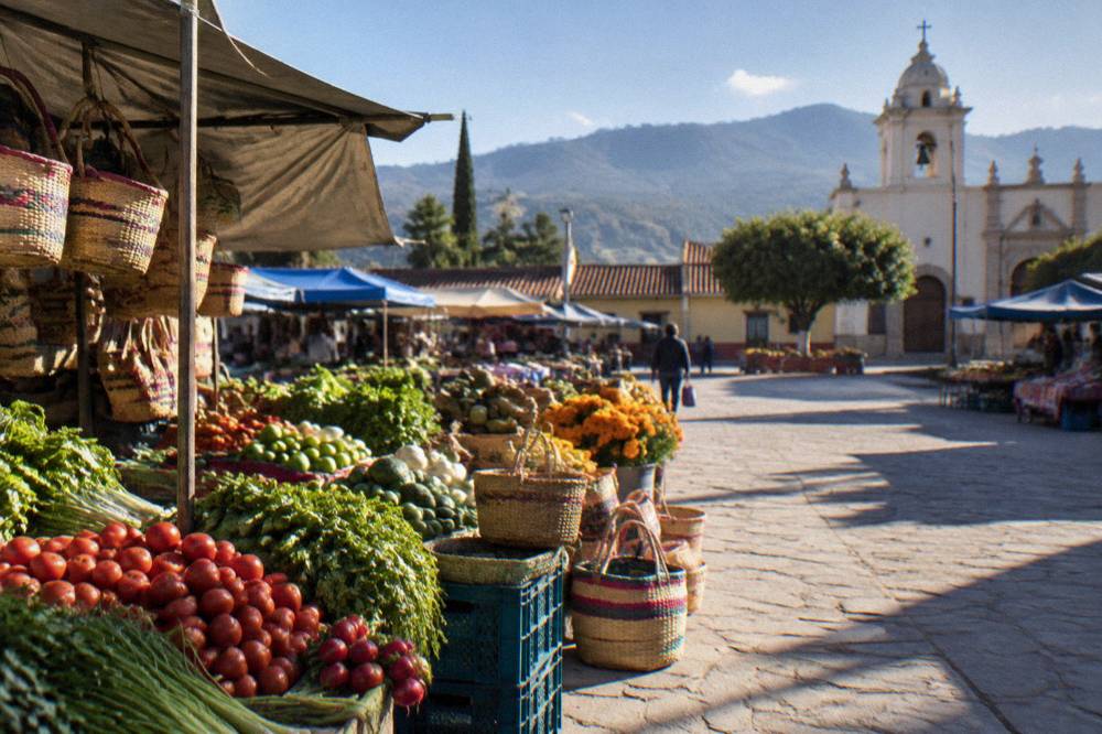 Colourful produce and woven baskets at an outdoor market stall in a Valles Centrales town