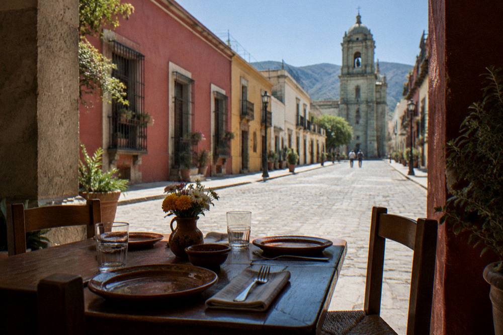 A set table with clay dishes and a small vase of flowers in a courtyard restaurant