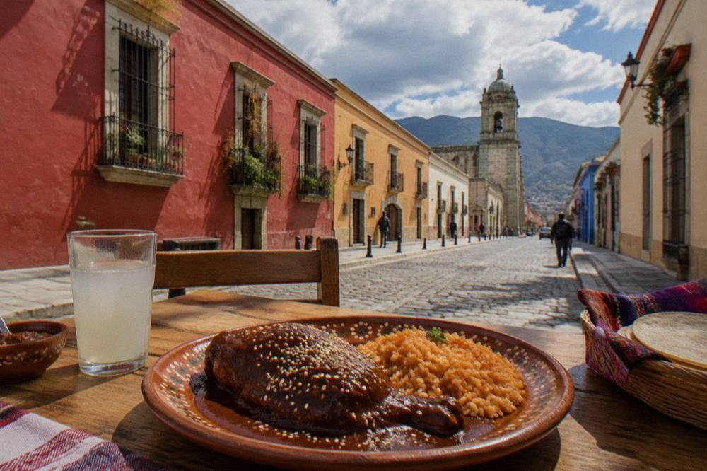 A plate of mole sauce over chicken with rice and tortillas on a clay plate