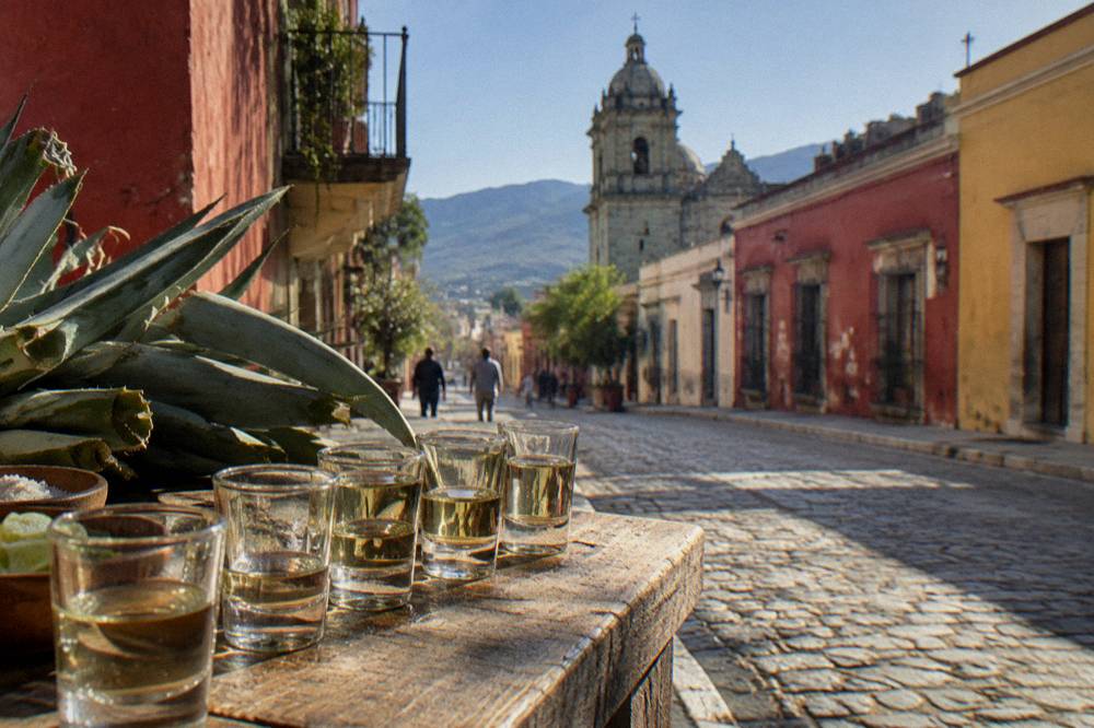 Glasses of mezcal lined up on a wooden tasting table beside agave leaves