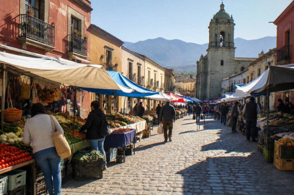 An open-air rural market with tarpaulin stalls and shoppers browsing produce in a valley town