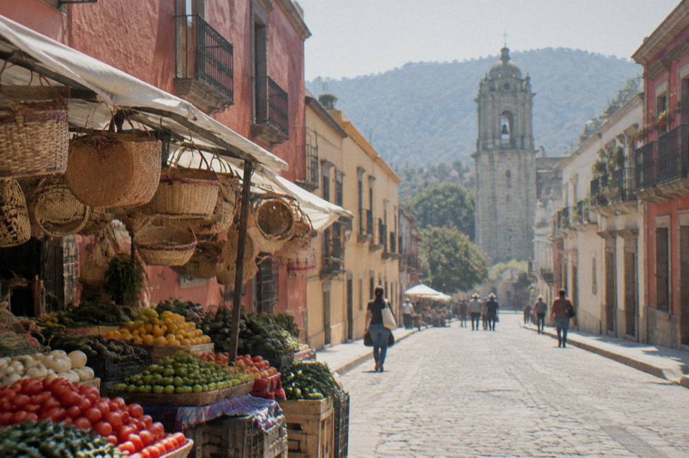 A market stall in Oaxaca City with piles of fresh produce and hanging woven baskets