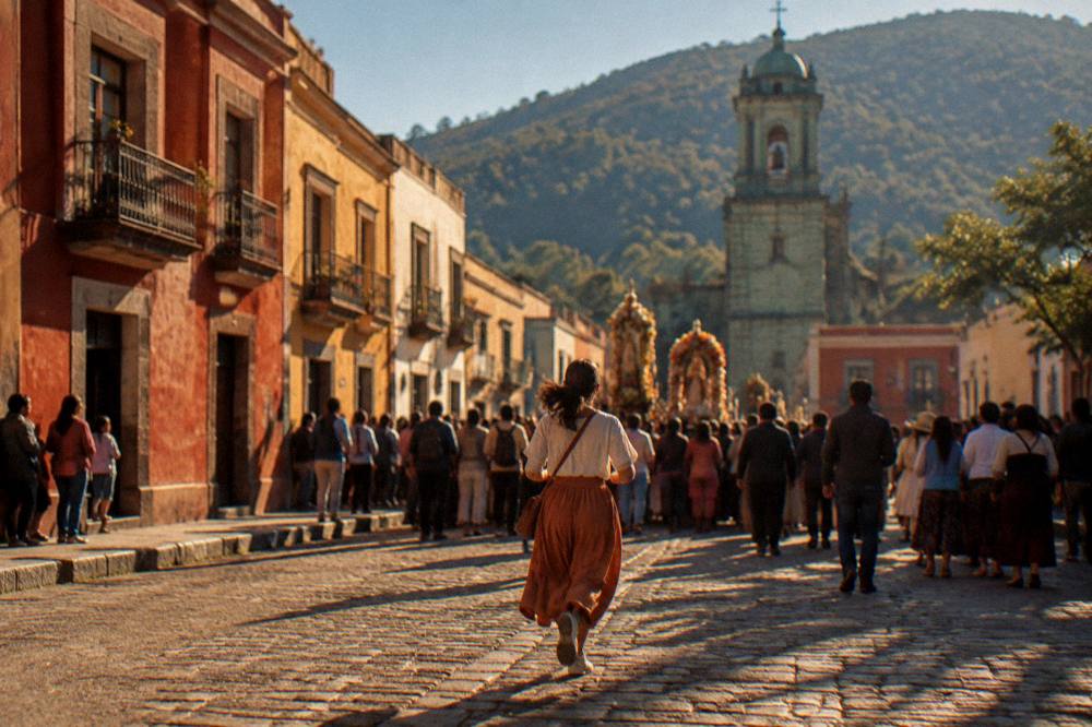 An evening crowd filling a plaza in Oaxaca City during a festival procession