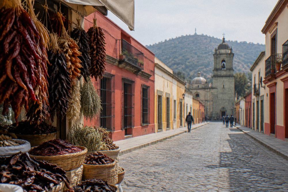 Bundles of dried chillies and spices for sale at an Oaxaca market stall
