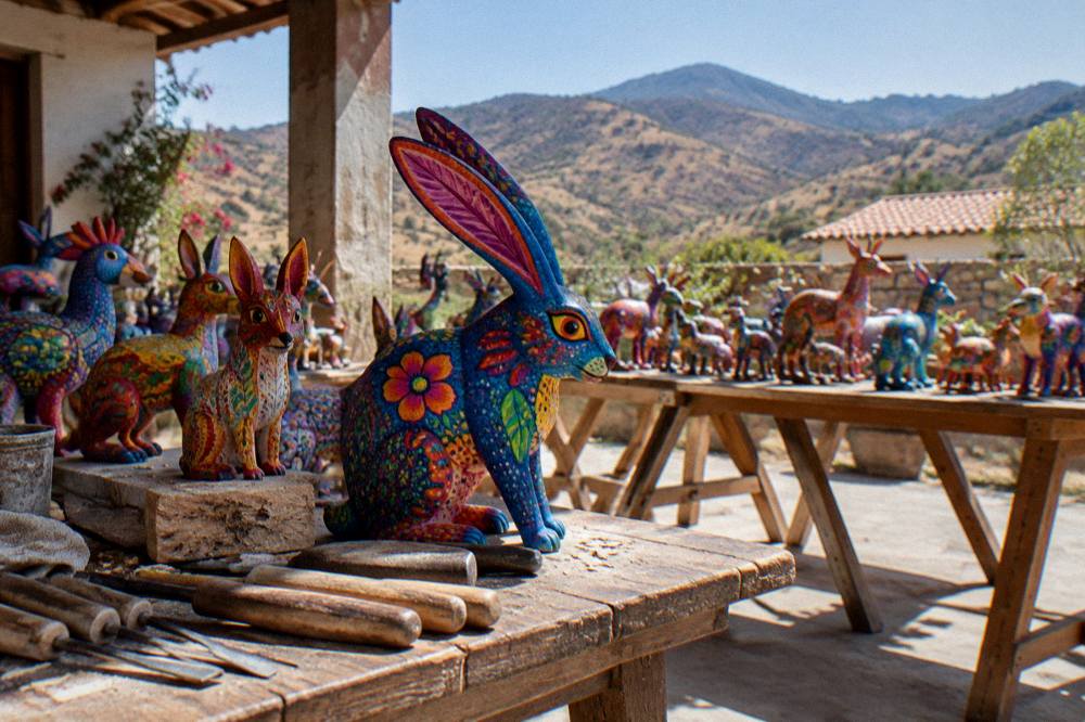 A workshop table with carving tools and brightly painted alebrije figures in an artisan studio near Oaxaca