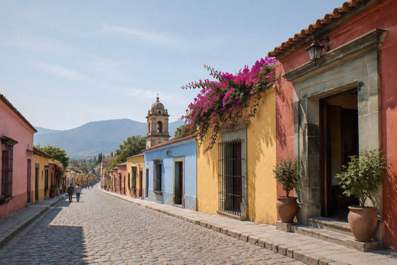 A quiet colonial street in Oaxaca City with painted facades and a hotel entrance