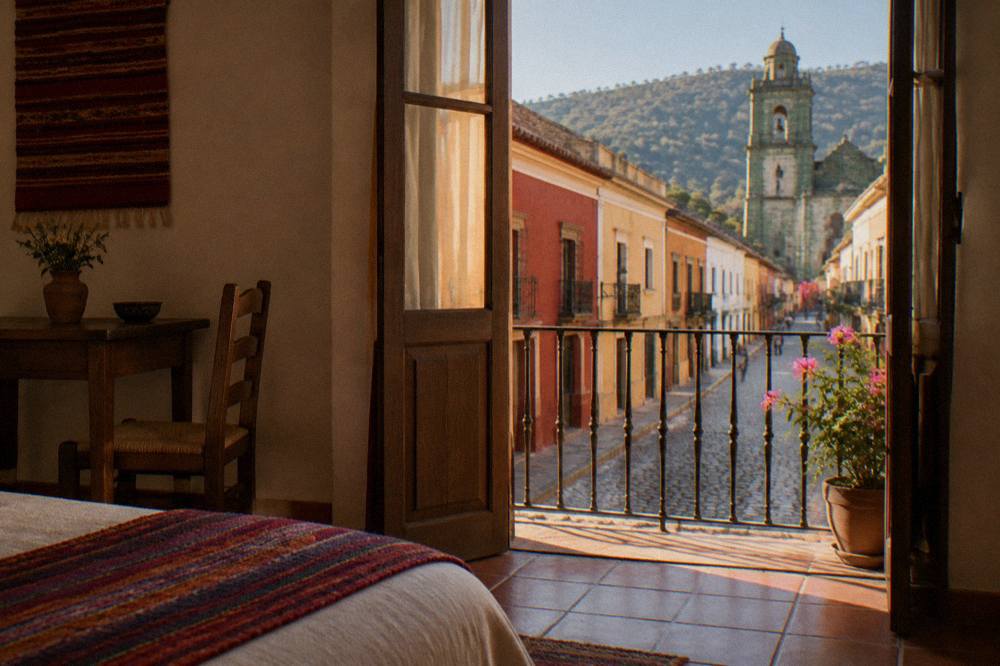 Guest room interior in a small Oaxaca hotel with tiled floor and woven textiles