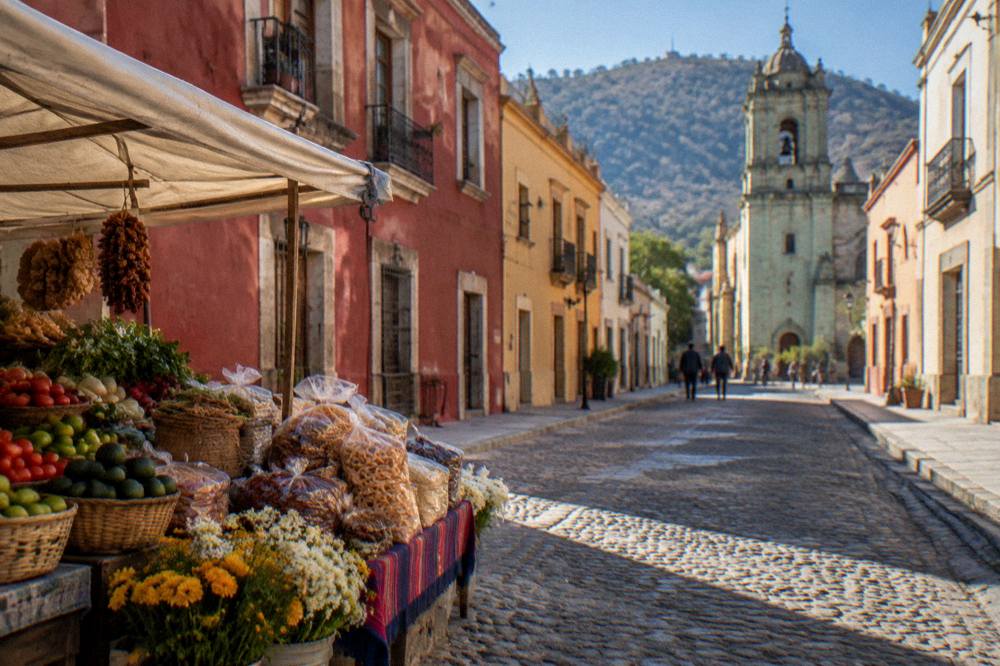 Market stall in Oaxaca with fresh produce and traditional snacks displayed