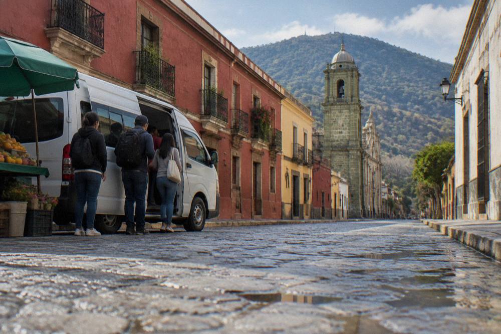 A shared van pulled up at a roadside stand with passengers boarding