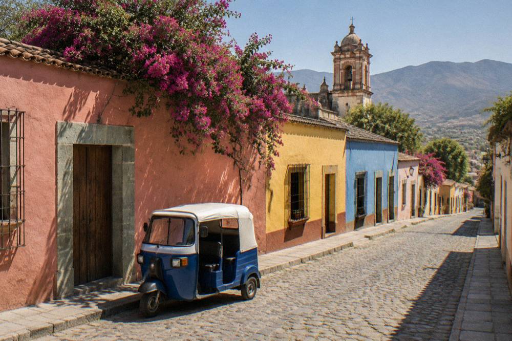 A three-wheeled mototaxi waiting on a cobbled street beside a painted wall