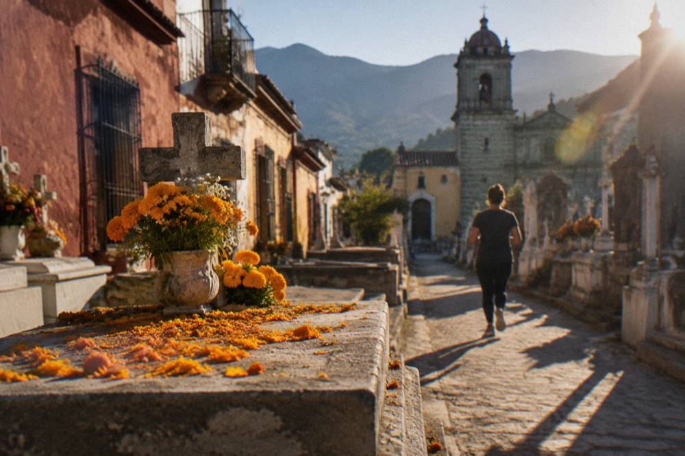 Orange marigold petals scattered across a family grave in a Oaxacan cemetery