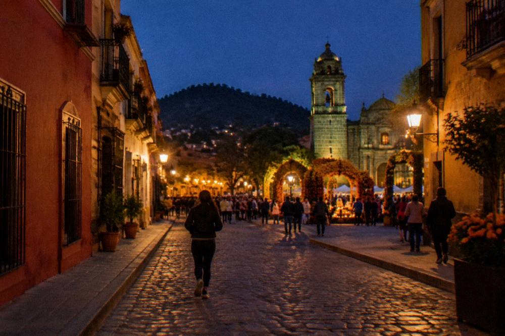 A busy decorated square in Oaxaca with crowds and marigold arches at night