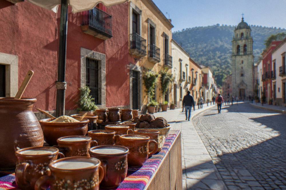 Clay mugs of tejate and Oaxacan chocolate arranged on a market stall counter in Oaxaca City