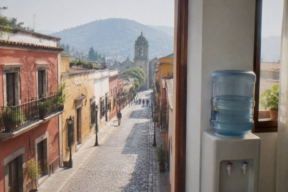 A water cooler jug standing on a dispenser in a bright guesthouse room in Oaxaca