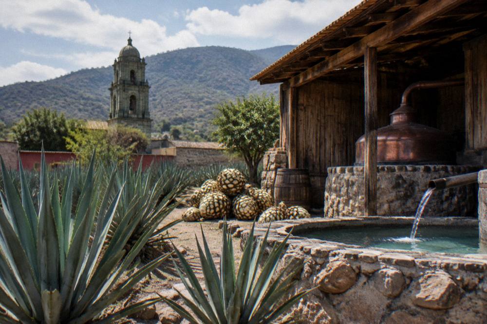A roadside mezcal distillery with agave plants and a wooden building in the Tlacolula Valley