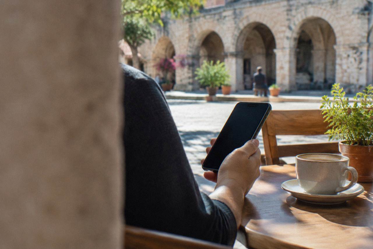 A hand holding a smartphone above a cafe table beside a coffee cup in Oaxaca City