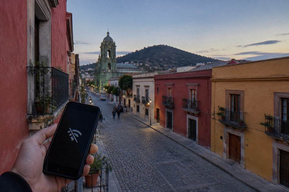 A phone displaying an offline map of Oaxaca City on a café table with coffee
