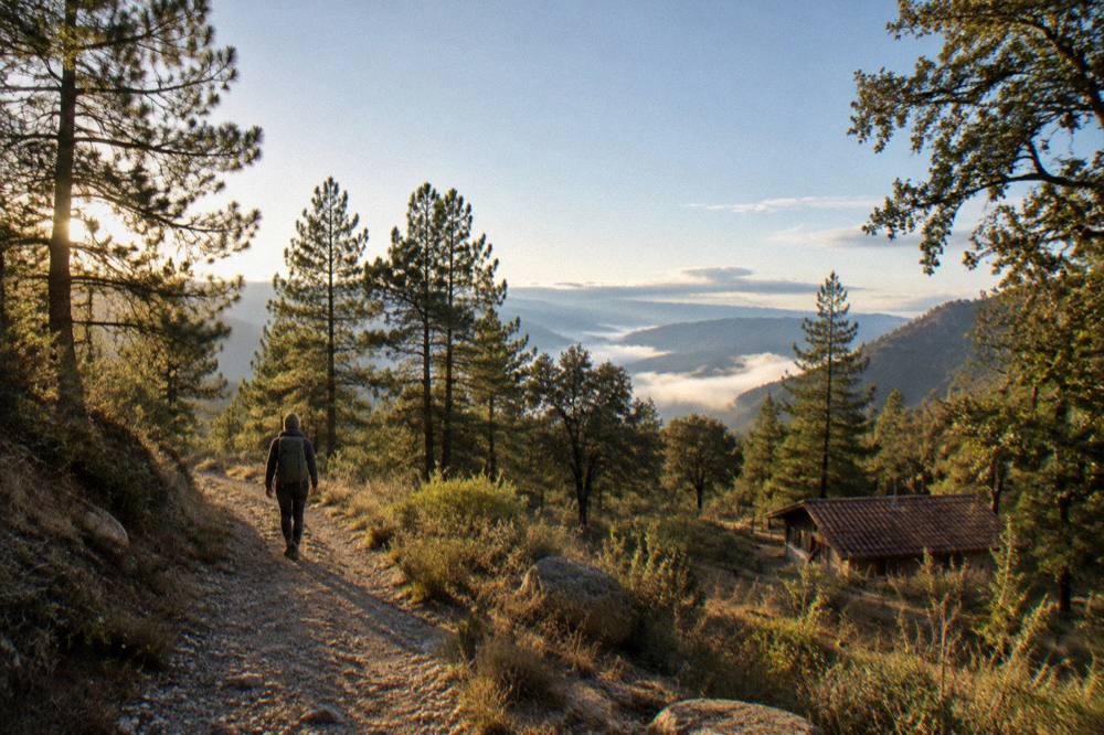 A hiker on a forest trail in the Sierra Norte with pine trees and mist