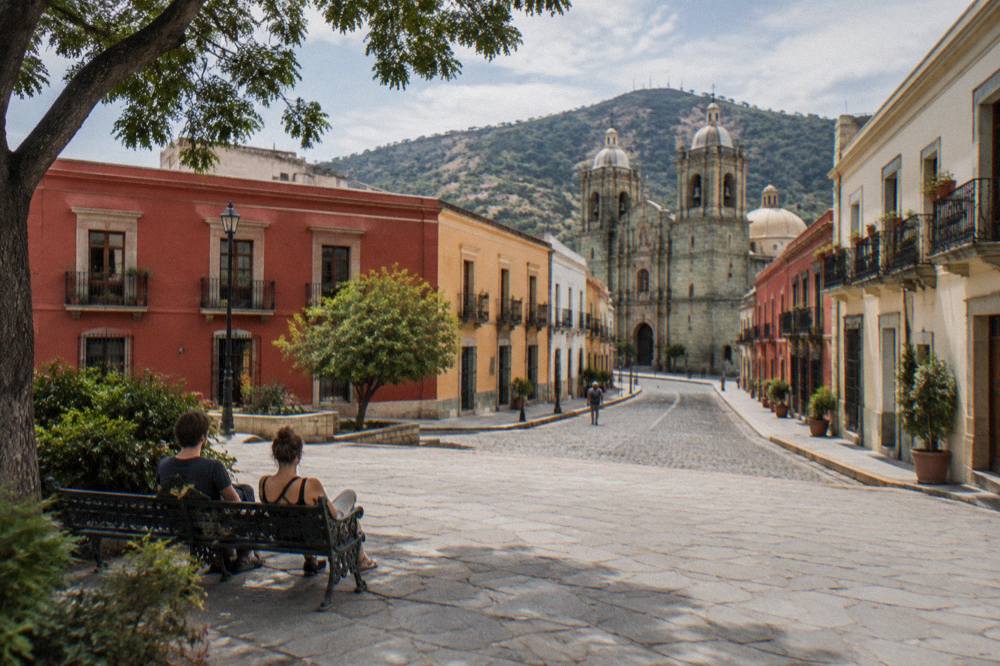 Travellers sitting on a plaza bench in Oaxaca with the cathedral behind them