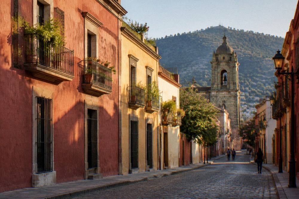 A colonial street in Oaxaca City at golden hour with a church tower in the distance