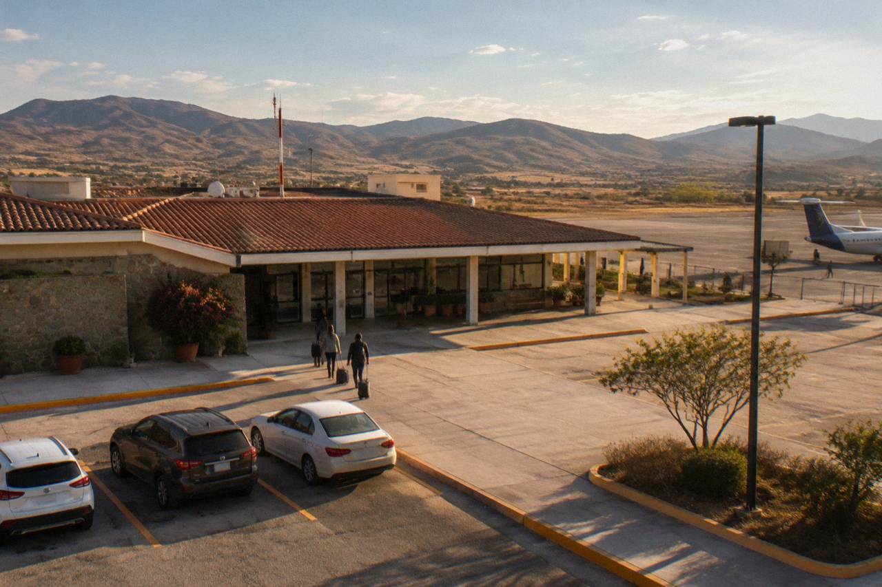 A small airport terminal building under a wide highland sky with hills in the distance