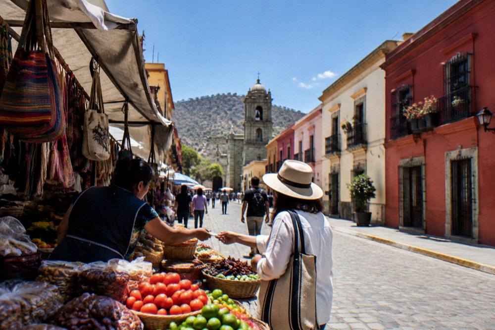 A vendor handing change at a busy market stall in Oaxaca