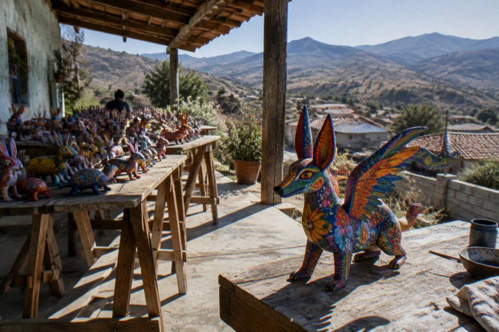 A painted wooden alebrije figure with bright patterns on a workshop table