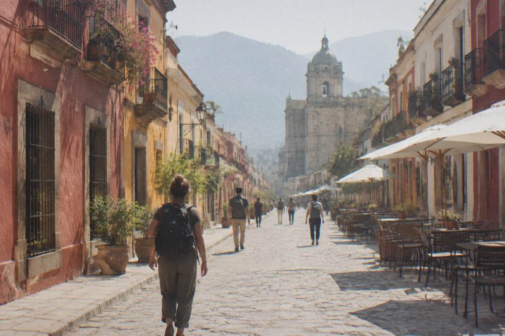 Travellers walking with backpacks along a pedestrian street in central Oaxaca