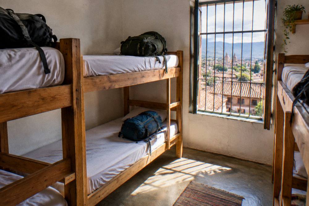 Backpacks stored on bunks in a bright hostel dormitory room