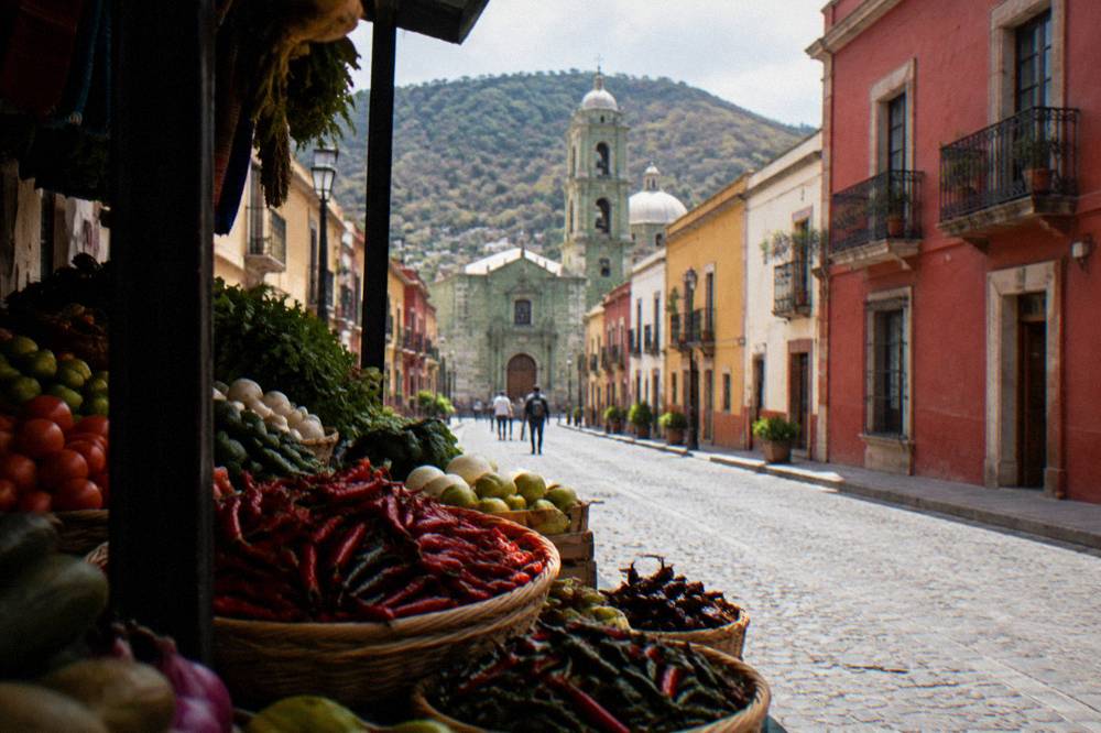 Fresh produce and chillies arranged on a market stall in Oaxaca