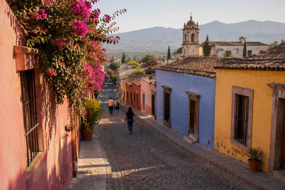 Blue and white painted street with murals in the Jalatlaco neighbourhood of Oaxaca