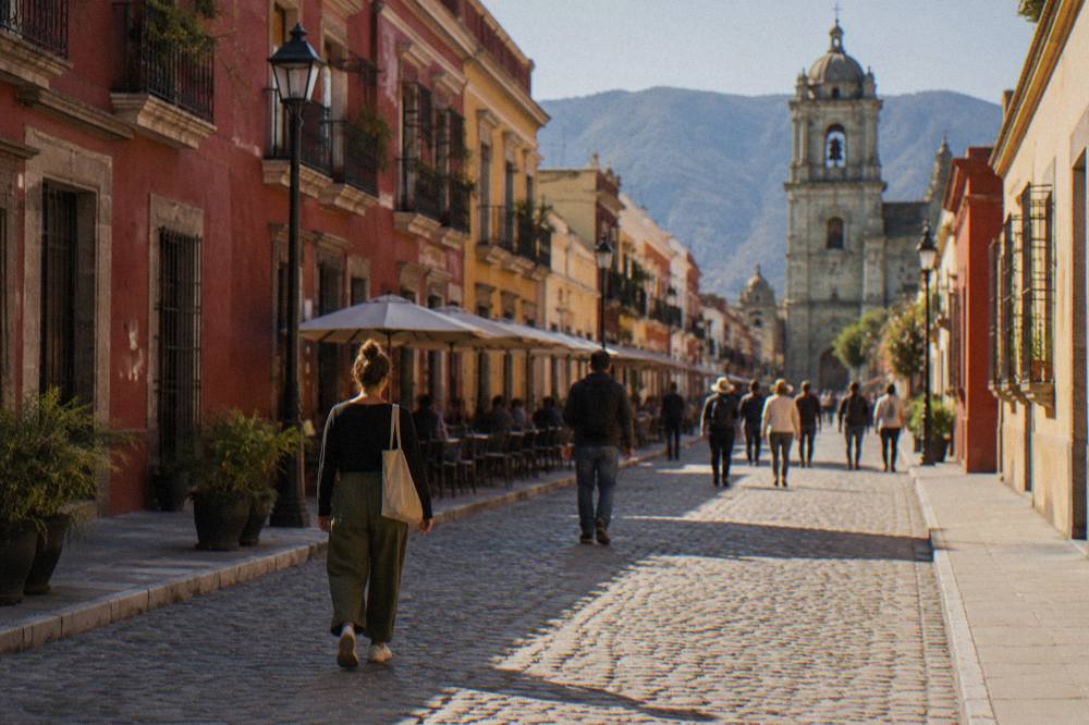People walking along a pedestrian street in central Oaxaca in the afternoon
