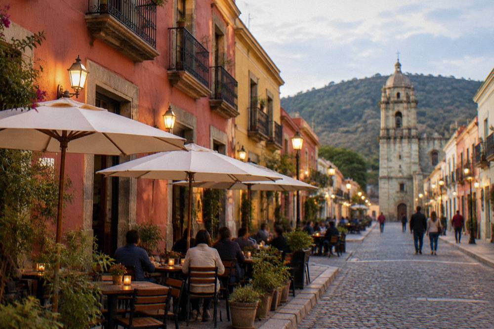 A lit street in Oaxaca's centre with people dining outdoors in the evening