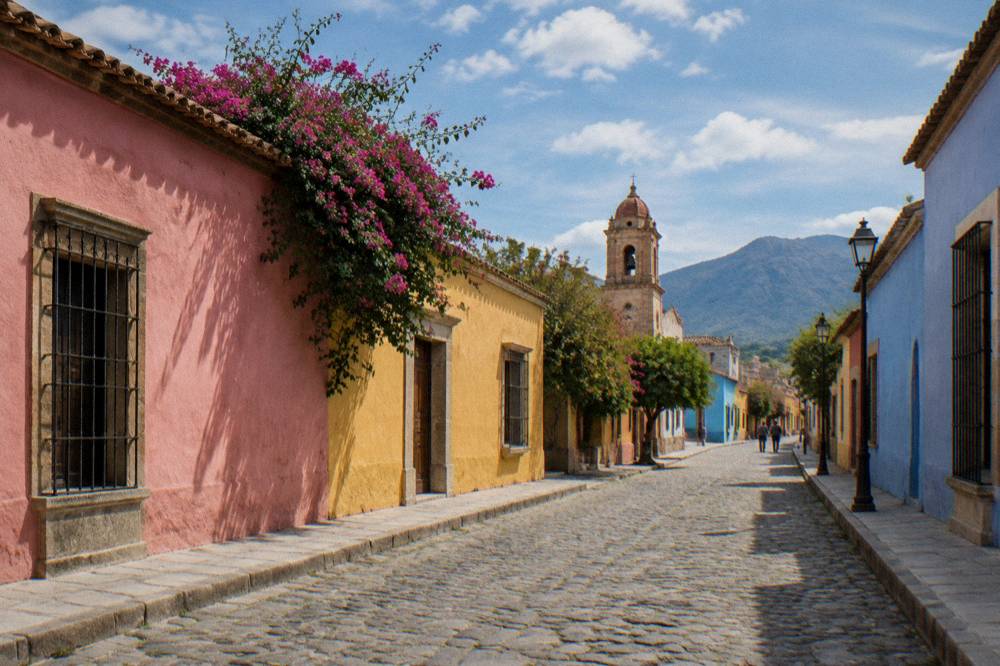 A cobblestone street in the Jalatlaco neighbourhood with painted walls