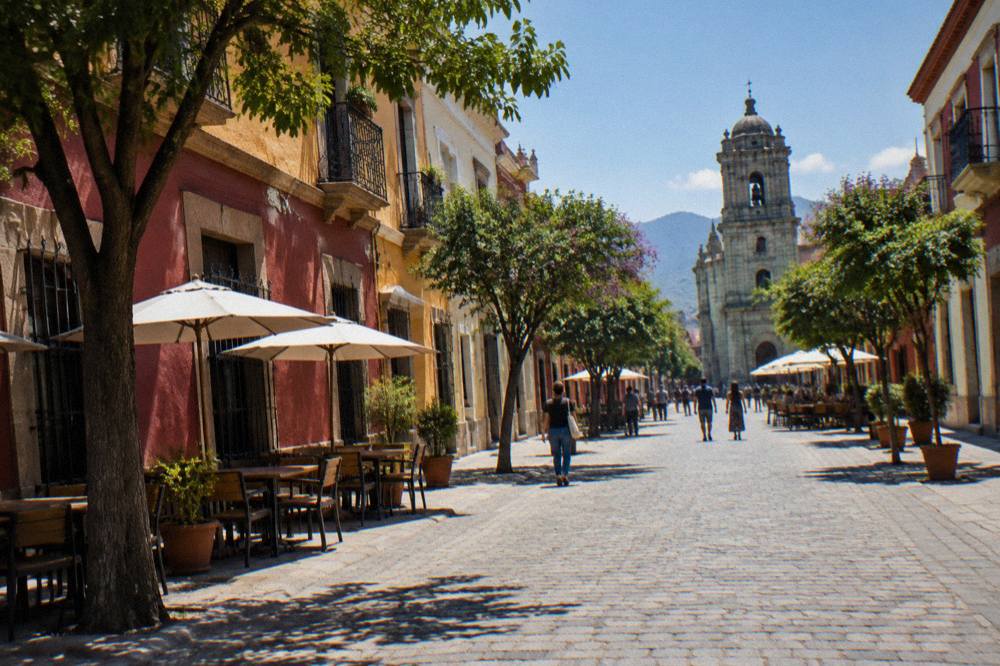 The Andador Macedonio Alcalá pedestrian street in Oaxaca City lined with trees and colonial buildings