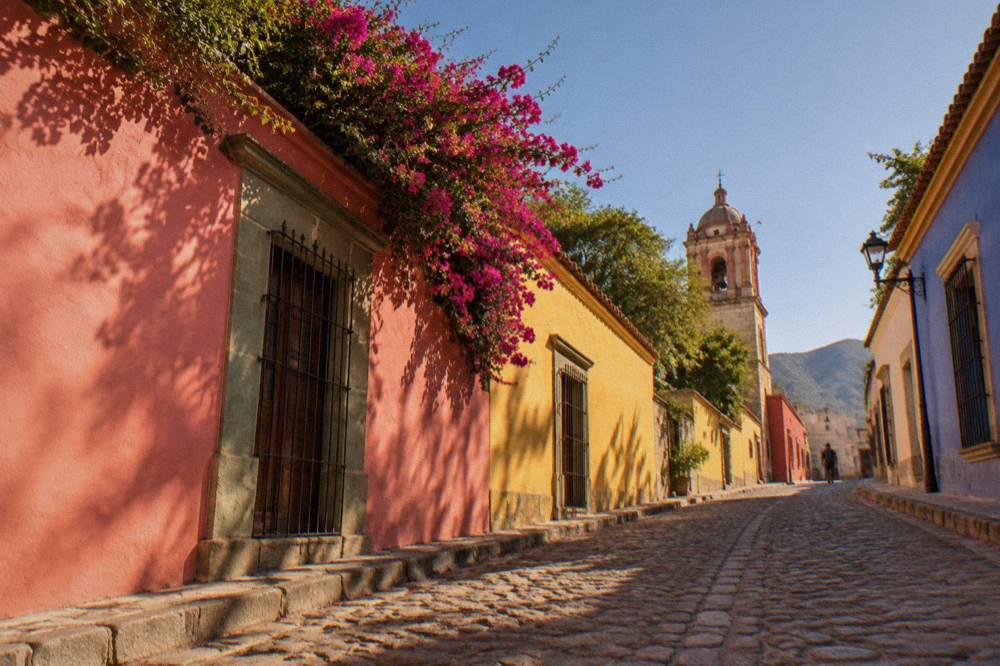 A colourful painted street corner in the Jalatlaco neighbourhood of Oaxaca City
