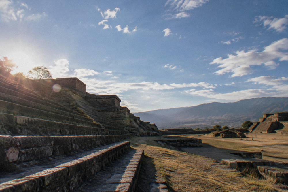 The stone terraces of the Monte Albán archaeological site above the Oaxaca valley