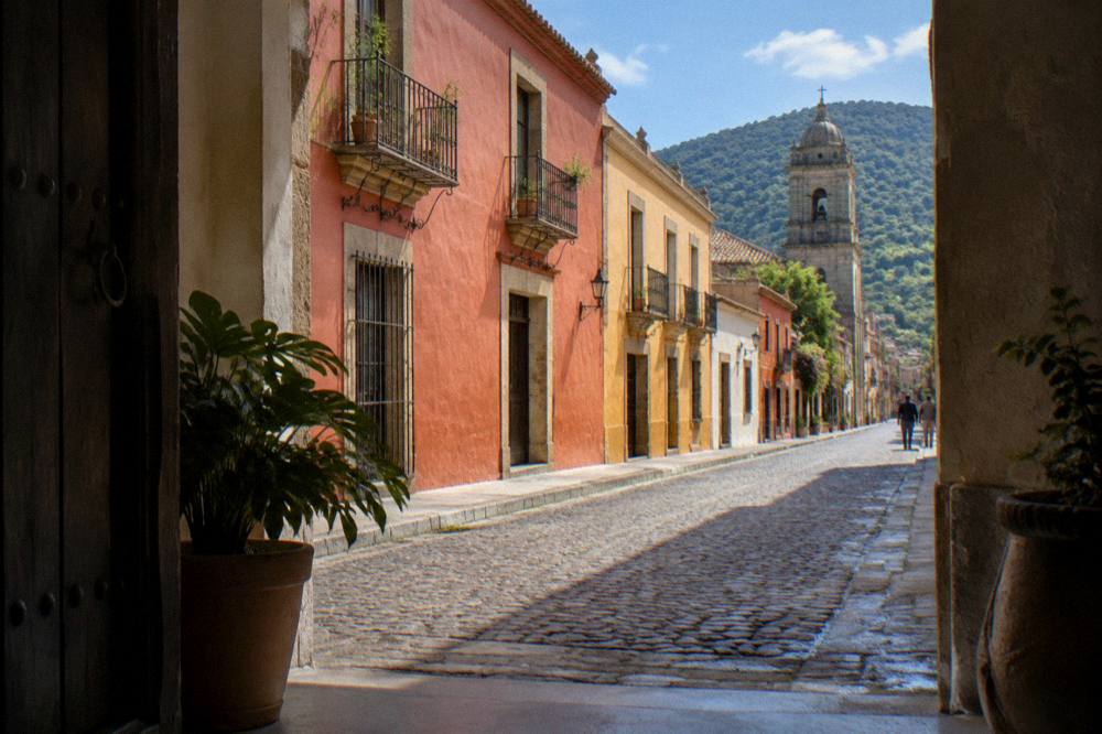 A hotel doorway on a quiet street in the centre of Oaxaca City