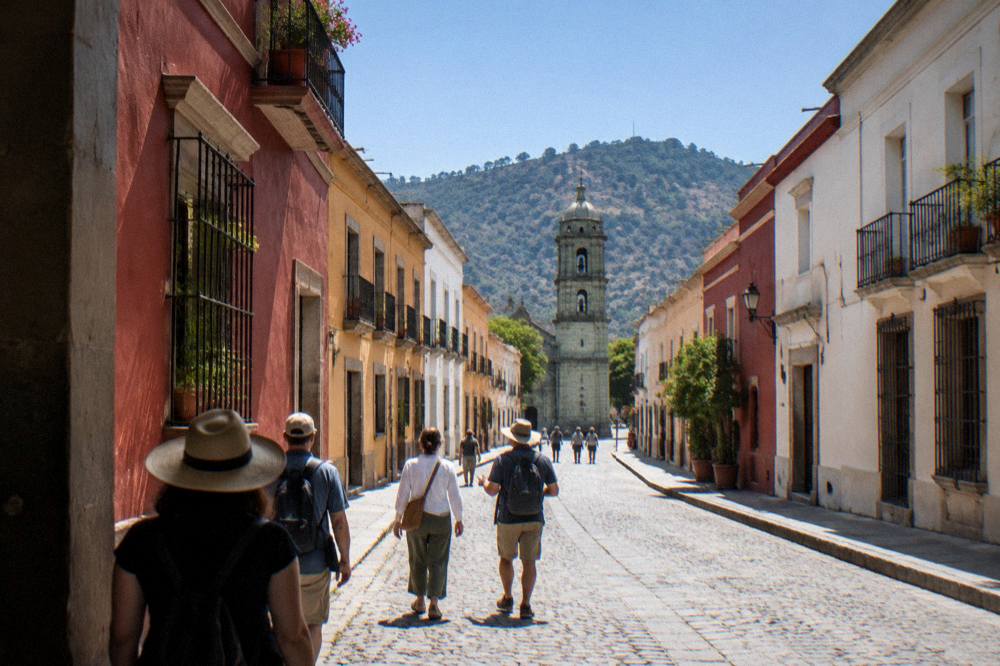 Visitors walking with a guide along a central street in Oaxaca City
