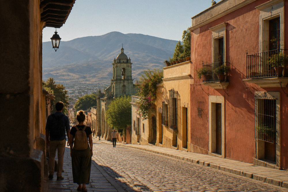 Travellers looking out over a vast mountain valley in southern Mexico