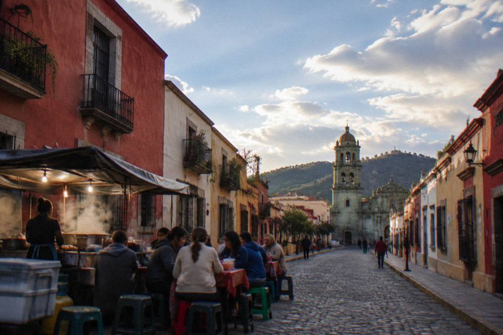 An evening food stall with steam rising and people gathered around tables in Oaxaca
