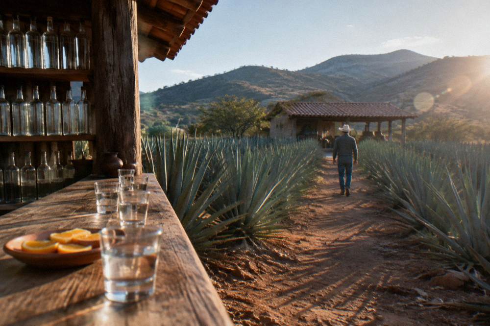Small copitas of mezcal on a wooden bar with orange slices, behind them shelves of unlabeled glass bottles