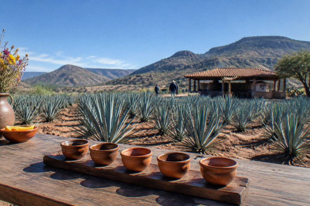 A tasting flight of mezcal in small clay glasses on a wooden bar